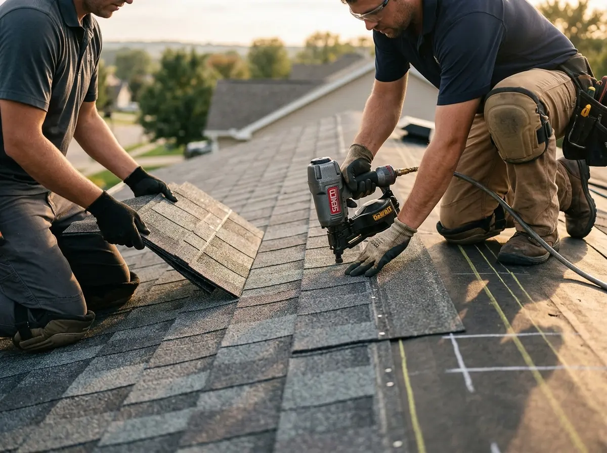 Professional roofer working on a residential roof in Greensburg